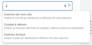 Balises d'insertion de mots-clés, lieux et compte à rebours Google Ads.